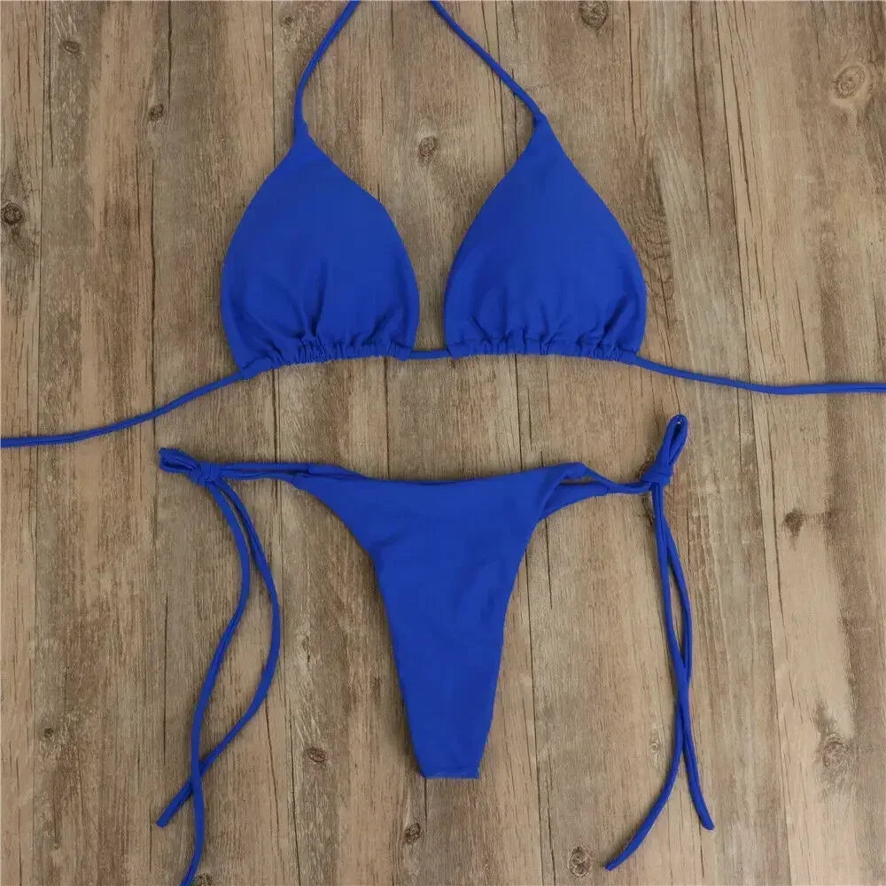 2 Pcs/Set Bikini Set Sexy Bikinis 2024 Solid Color Halter Neck Strap Thong Swimwear Bathing Suit Women Swimsuit Set for Beach