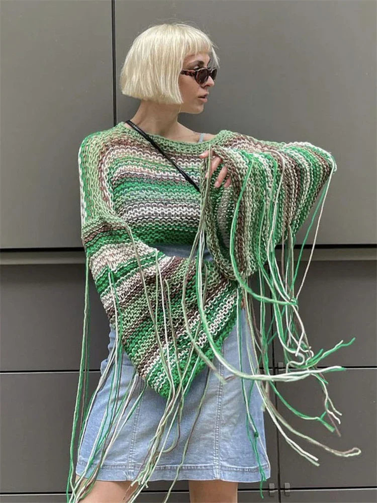 Knitted Tassels Cover Ups For Swimwear Women Sexy Loose Rainbow Shirt Girls Sweater Holiday Fashion Crop Pullover Femme