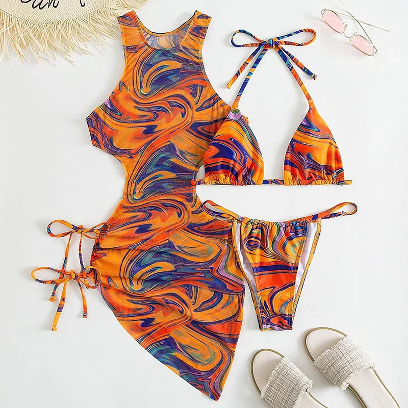 Sexy Three Pieces Bikini Set Leopard Halter Women Swimsuit 2023 New With Beach Cover Up Backless Bandage Swimwear Bathing Suit