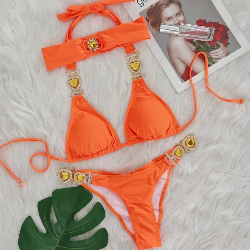 Pink Sexy Bikinis Swimsuit With Heart Rhinestones Women Swimwear Female Push Up Bikini Beach Swim Wear Bathing Suits Pool Bather