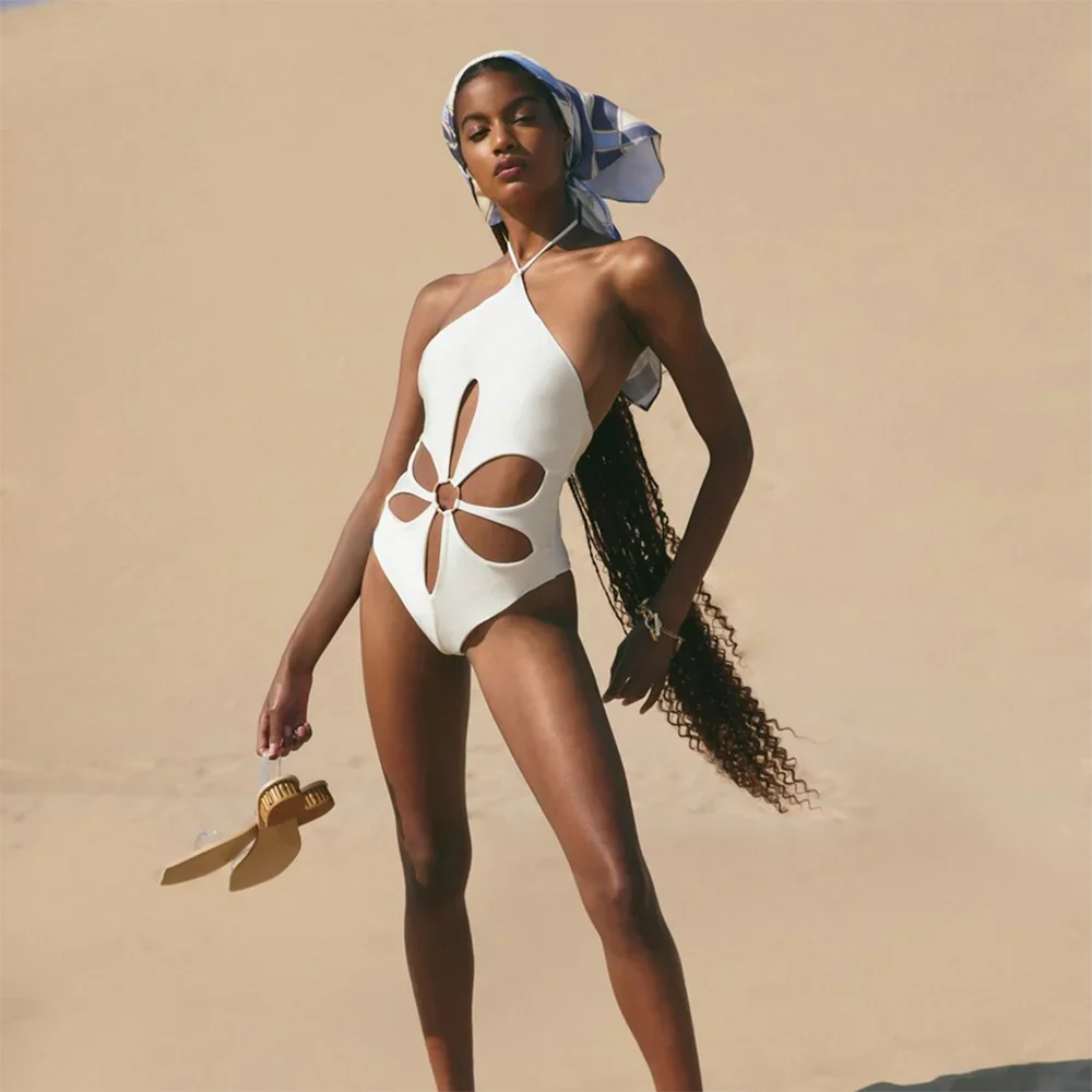 Triangle Tankini Cutout One-Piece Swimsuit Print Hollow Solid Color Flower Black White Single Piece Micro Monokini Sexy Bikini
