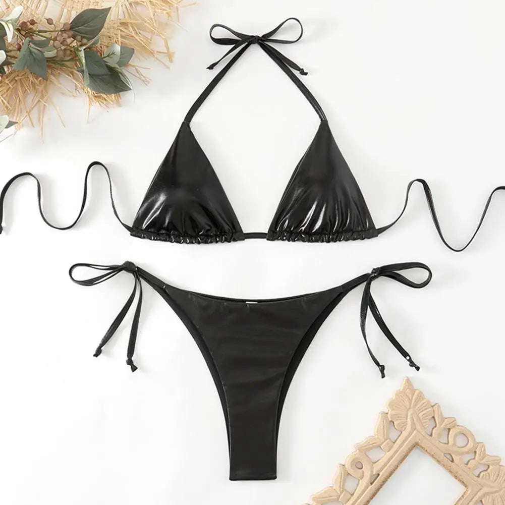 Bikini Women Swimsuit 2024 New Gold Halter Lace Up Bikinis Set Sexy Swimwear Beach Cover Up 2 Piece Beach Bathing Suit Female