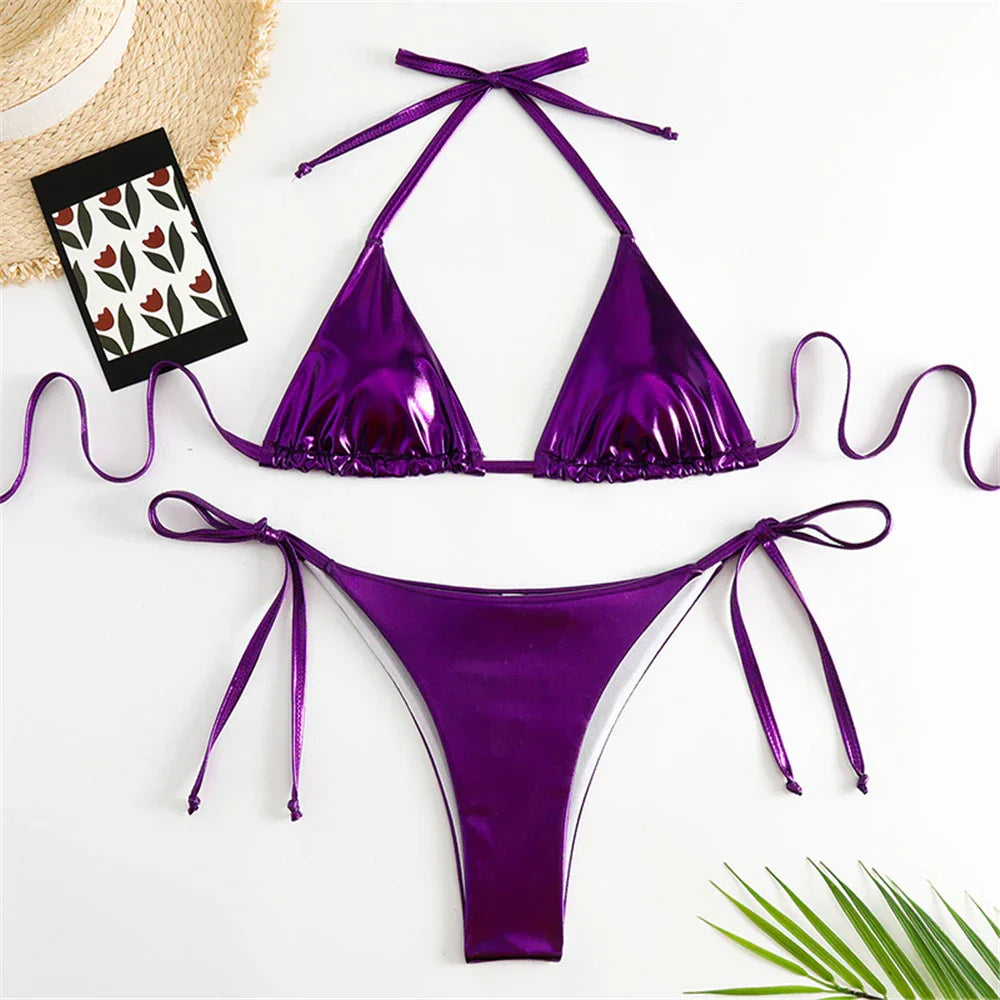 Halter Triangle Sexy Bikini Sets 2023 Women Patent Leather Glitter Swimsuit Summer Solid G-String Swimwear Side Lace Up Monokini