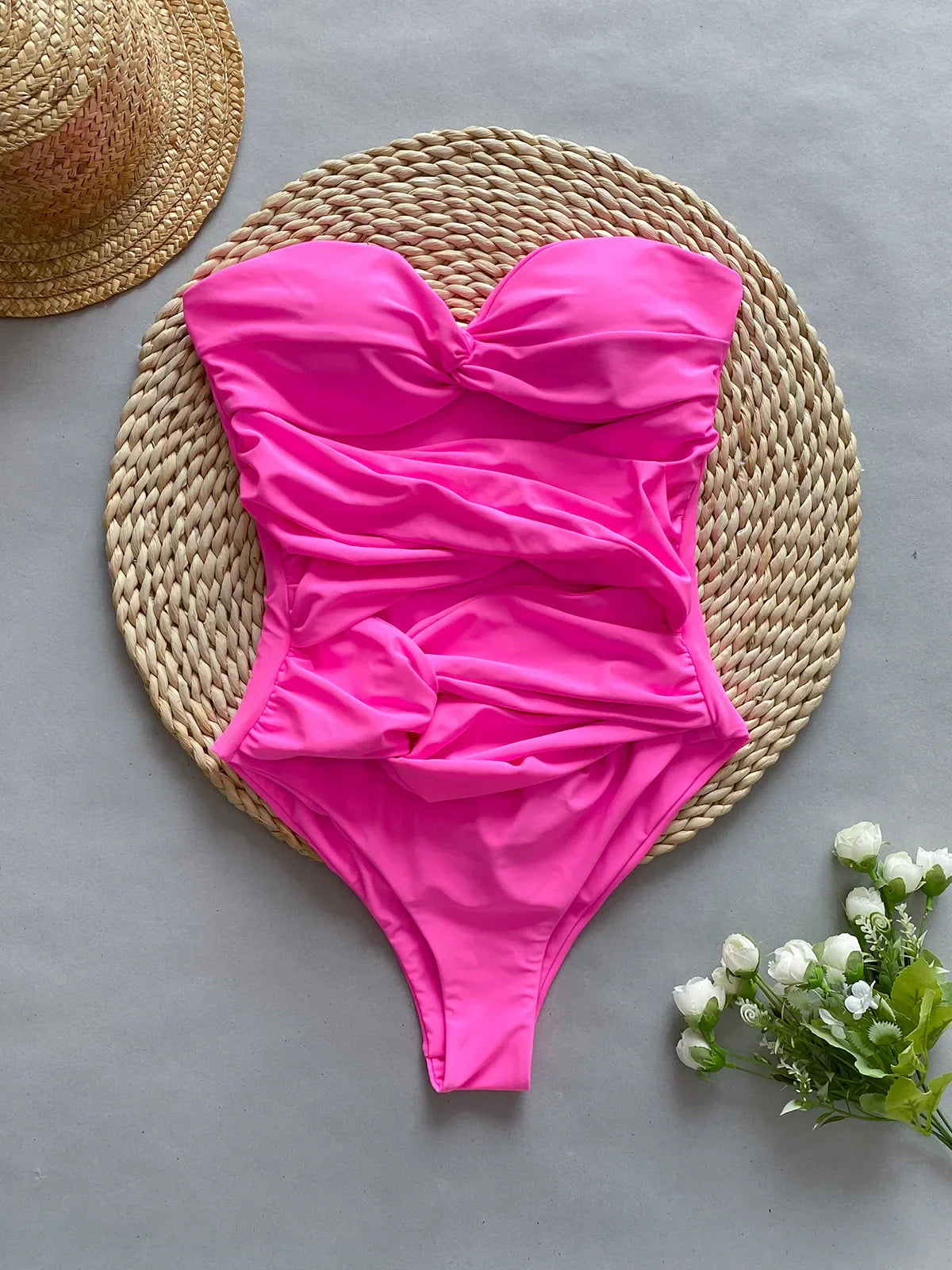 Hollow Out One Piece Swimsuit, Monokini Bodysuit, Lace Up Beachwear, High Waist Swimming Suit, Bandeau Monokini, Summer, 2024