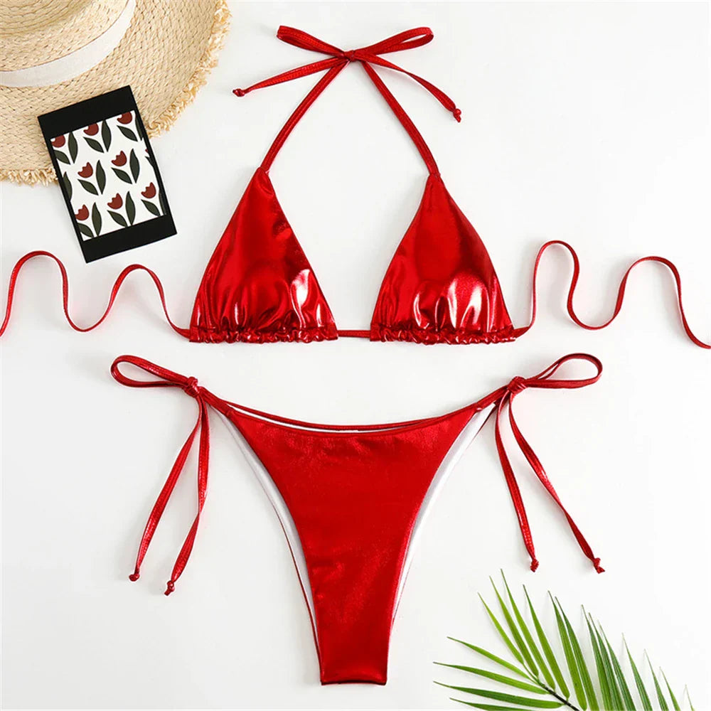 Halter Triangle Sexy Bikini Sets 2023 Women Patent Leather Glitter Swimsuit Summer Solid G-String Swimwear Side Lace Up Monokini