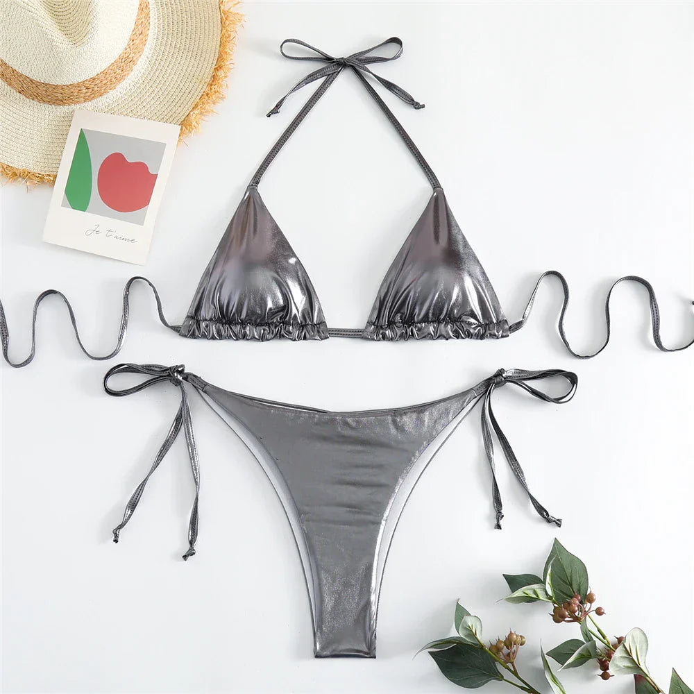 Halter Triangle Sexy Bikini Sets 2023 Women Patent Leather Glitter Swimsuit Summer Solid G-String Swimwear Side Lace Up Monokini
