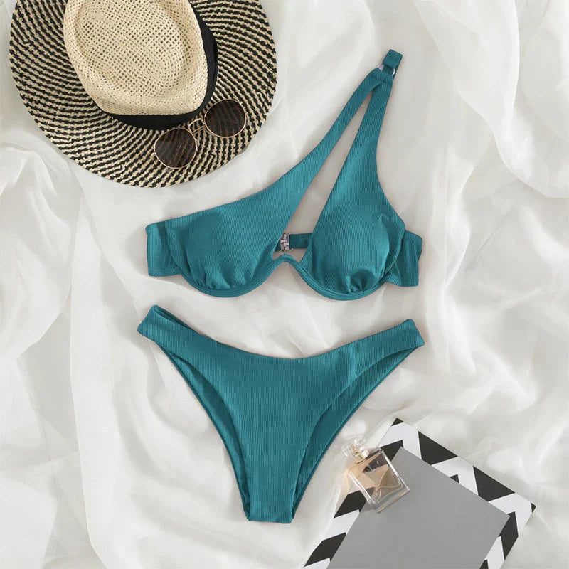 Sexy Push Up Bikini Set Women Cut Out Swimsuit Summer One Shoulder Swimwear Female Bathing Suit Beachwear Lady High Waist Bikini