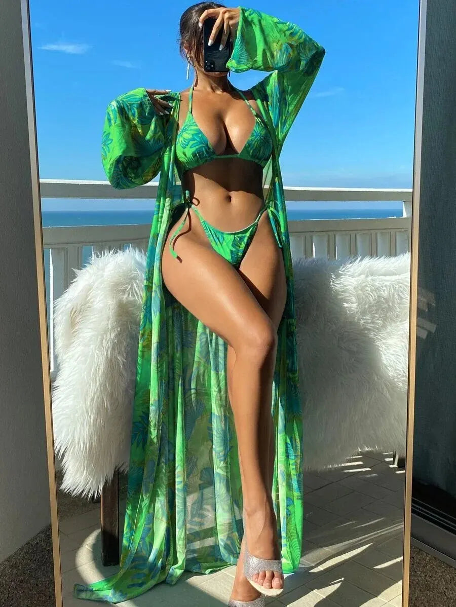 3 Pieces Triangle String Bikini 2024 Swimsuit Women & Kimono Swimwear Female Sexy Bathers Bathing Swimming Swim Suit Beachwear