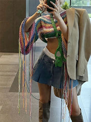 Knitted Tassels Cover Ups For Swimwear Women Sexy Loose Rainbow Shirt Girls Sweater Holiday Fashion Crop Pullover Femme