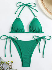 Bikini Women Swimsuit 2024 New Solid Ribbed Halter Bikinis Set Sexy Lace Up Swimwear Summer Two Piece Beach Bathing Suit Female