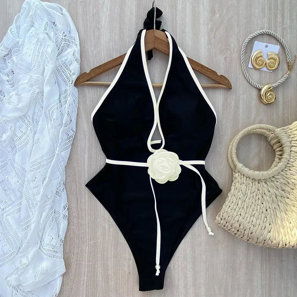 Floral One Piece Swimsuit 2024 New Halter Bandage Swimwear Women Swimsuit Bathing Suit Beachwear Monokini Female Swimming Suits