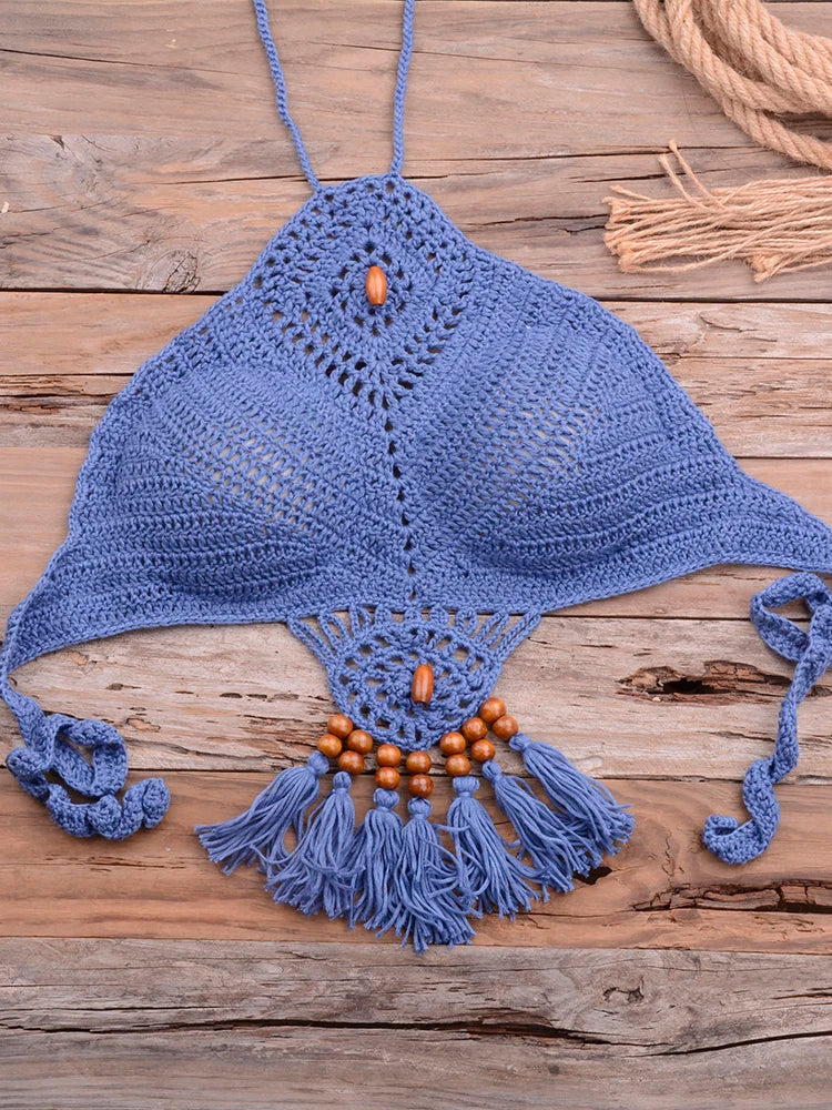 Bikini 2022 knitting Swimsuit Crochet Bikini Bohemia Style Off Shoulder High Neck Bathing Beach Bikinis Handmade Crochet Bikini