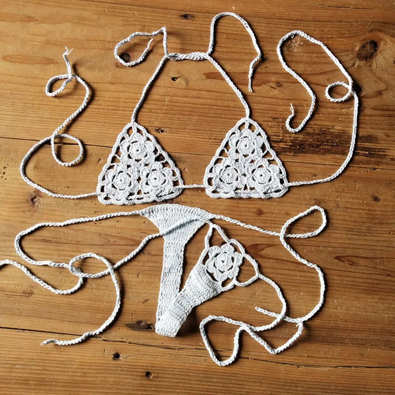 Women Sexy Handmade Bikini Sets Crochet Flower Solid Color Lace Thong String Swimwear Sunbathing Swimsuit Beach Wear Lace-up