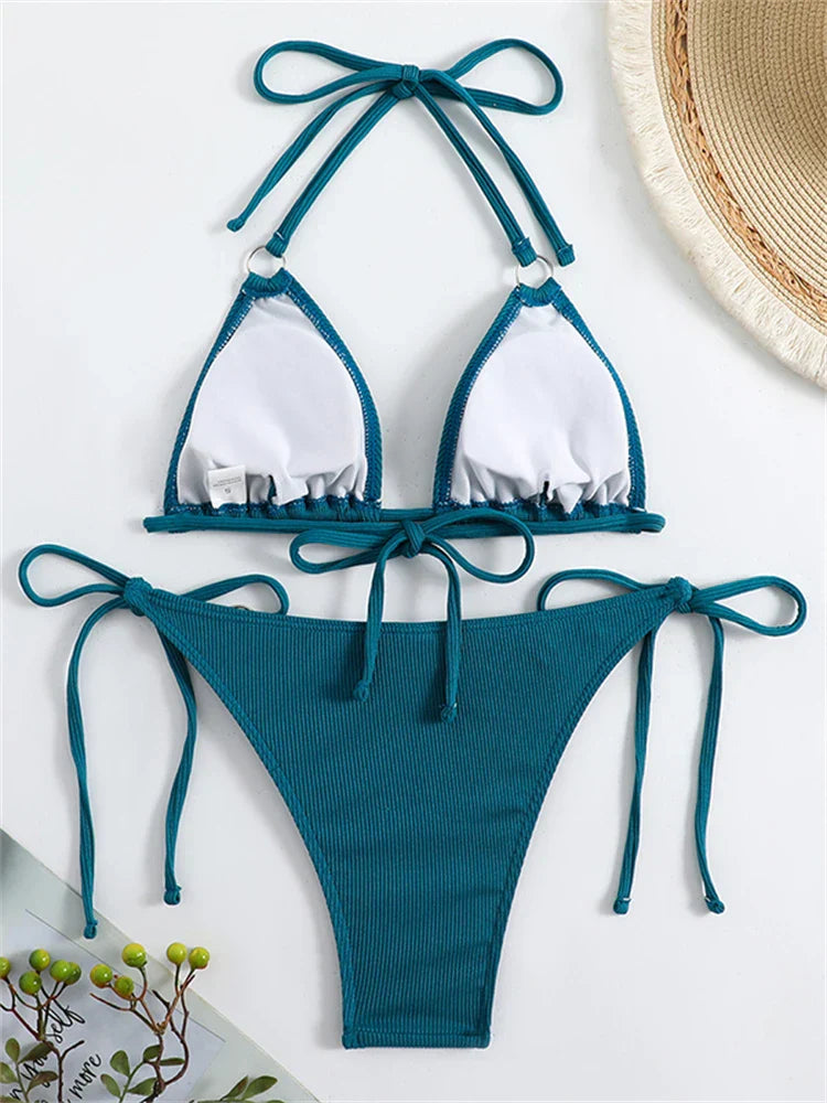 Bikini Women Swimsuit 2024 New Solid Ribbed Halter Bikinis Set Sexy Lace Up Swimwear Summer Two Piece Beach Bathing Suit Female