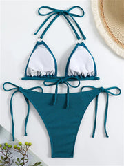 Bikini Women Swimsuit 2024 New Solid Ribbed Halter Bikinis Set Sexy Lace Up Swimwear Summer Two Piece Beach Bathing Suit Female