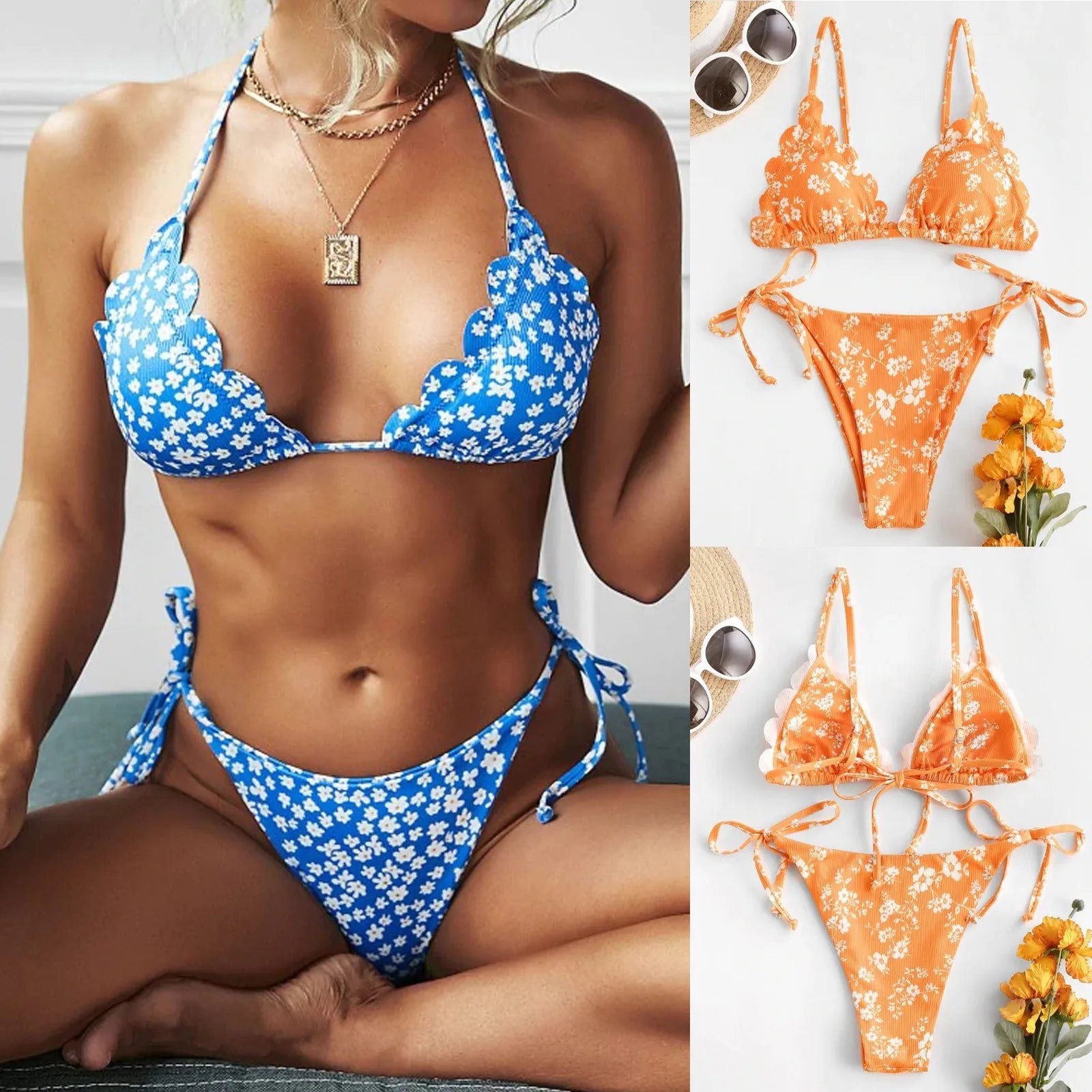 Bikini 2024 Women Y2k Two Piece Floral Print Swimsuit Trendy Suspender Lace Up Bikini Swimwear Summer Hawaiian Bathing Suit