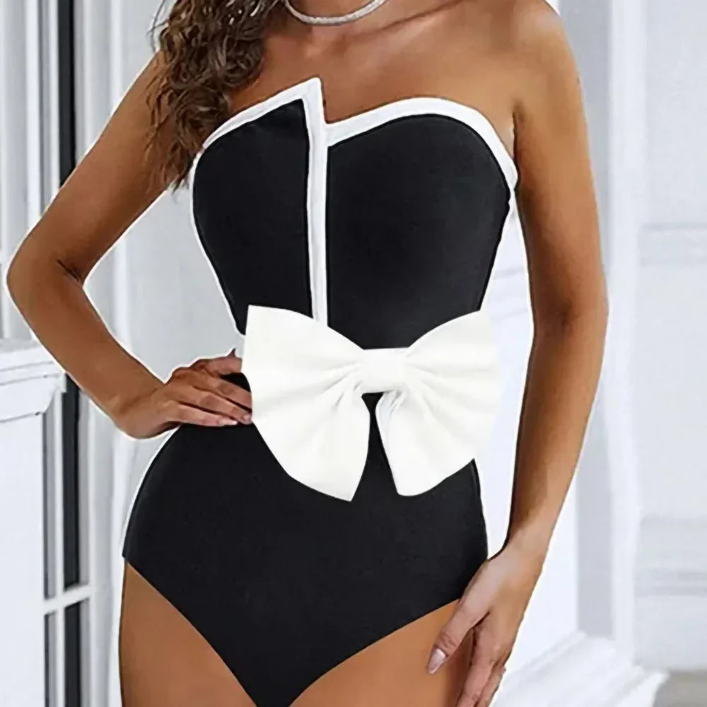 2024 Black & White Spliced Swimsuit Women'S Elegant Tube Top Bow Belt Bikini Irregular Hip Beach Skirt Vintage Pool Swimwear