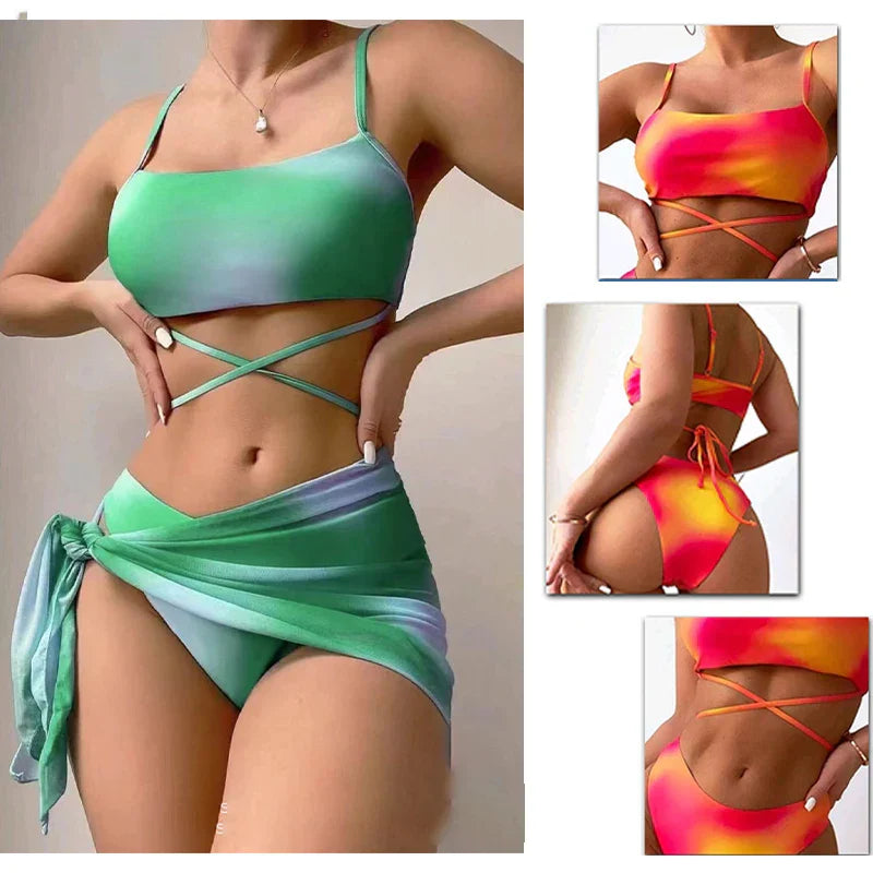 Sexy Womens 3 Pieces Bikini Set Tie Dye Swimsuit Beachwear 2024 Summer Fashion Push Up Comfortable Mesh Skirt Suit for Ladies