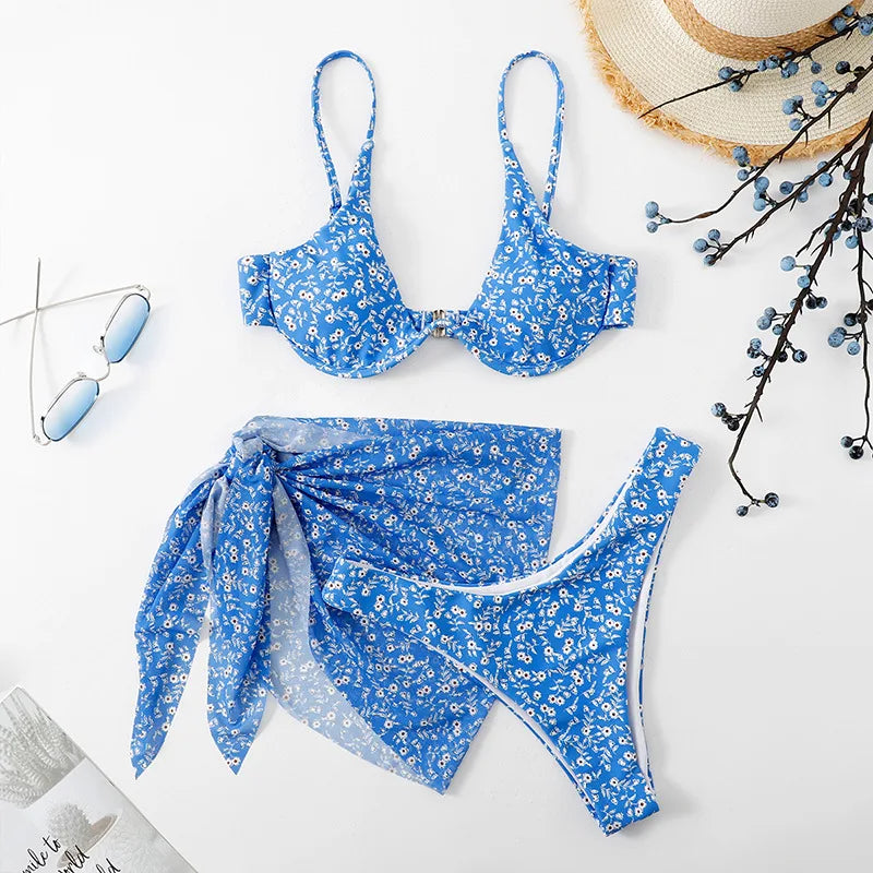 Tie Dye Bikini 2022 Skirts 3 Pieces Set Push Up Swimsuit Women Underwired Swimwear Female Sexy Bathing Suit Beach Wear