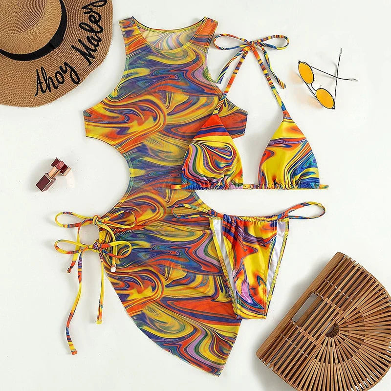 Sexy Three Pieces Bikini Set Leopard Halter Women Swimsuit 2023 New With Beach Cover Up Backless Bandage Swimwear Bathing Suit