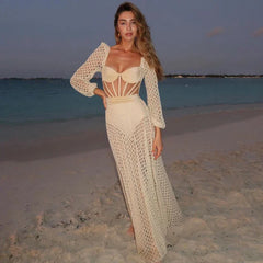 2023 New Retro Hollowed-Out Backless Sexy Swimsuit Long Sleeves Gather Luxury Solid Color Swimwear Knitted Beach Skirt Female