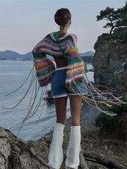Knitted Tassels Cover Ups For Swimwear Women Sexy Loose Rainbow Shirt Girls Sweater Holiday Fashion Crop Pullover Femme