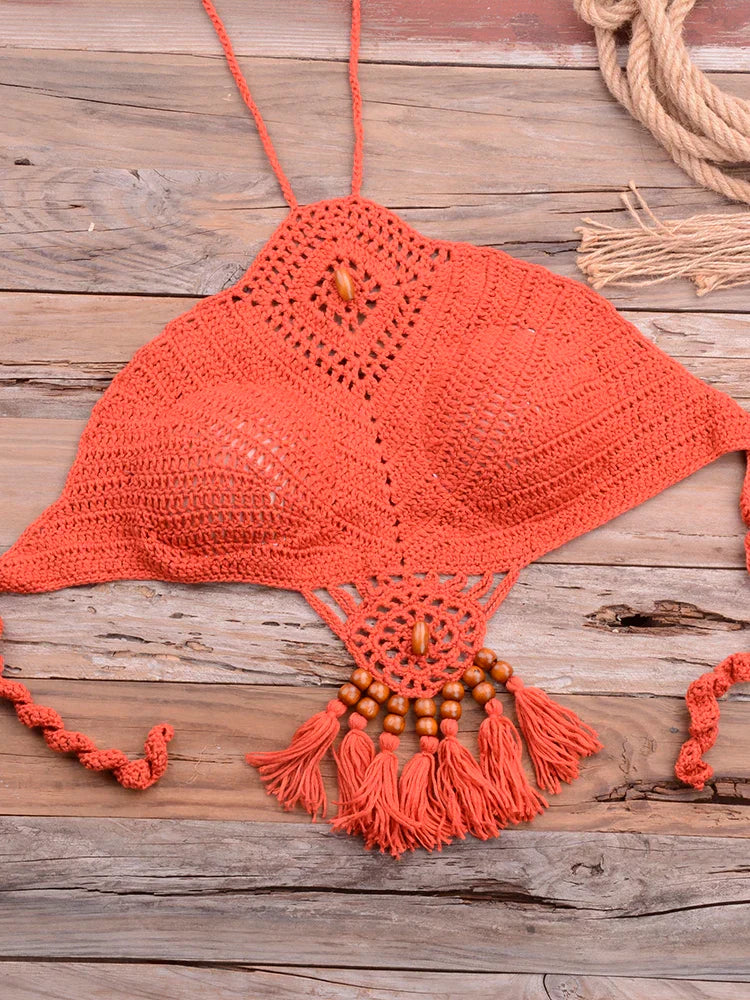 Bikini 2022 knitting Swimsuit Crochet Bikini Bohemia Style Off Shoulder High Neck Bathing Beach Bikinis Handmade Crochet Bikini
