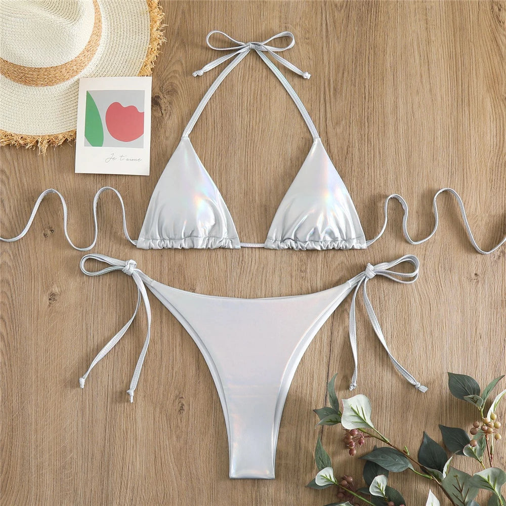 Halter Triangle Sexy Bikini Sets 2023 Women Patent Leather Glitter Swimsuit Summer Solid G-String Swimwear Side Lace Up Monokini