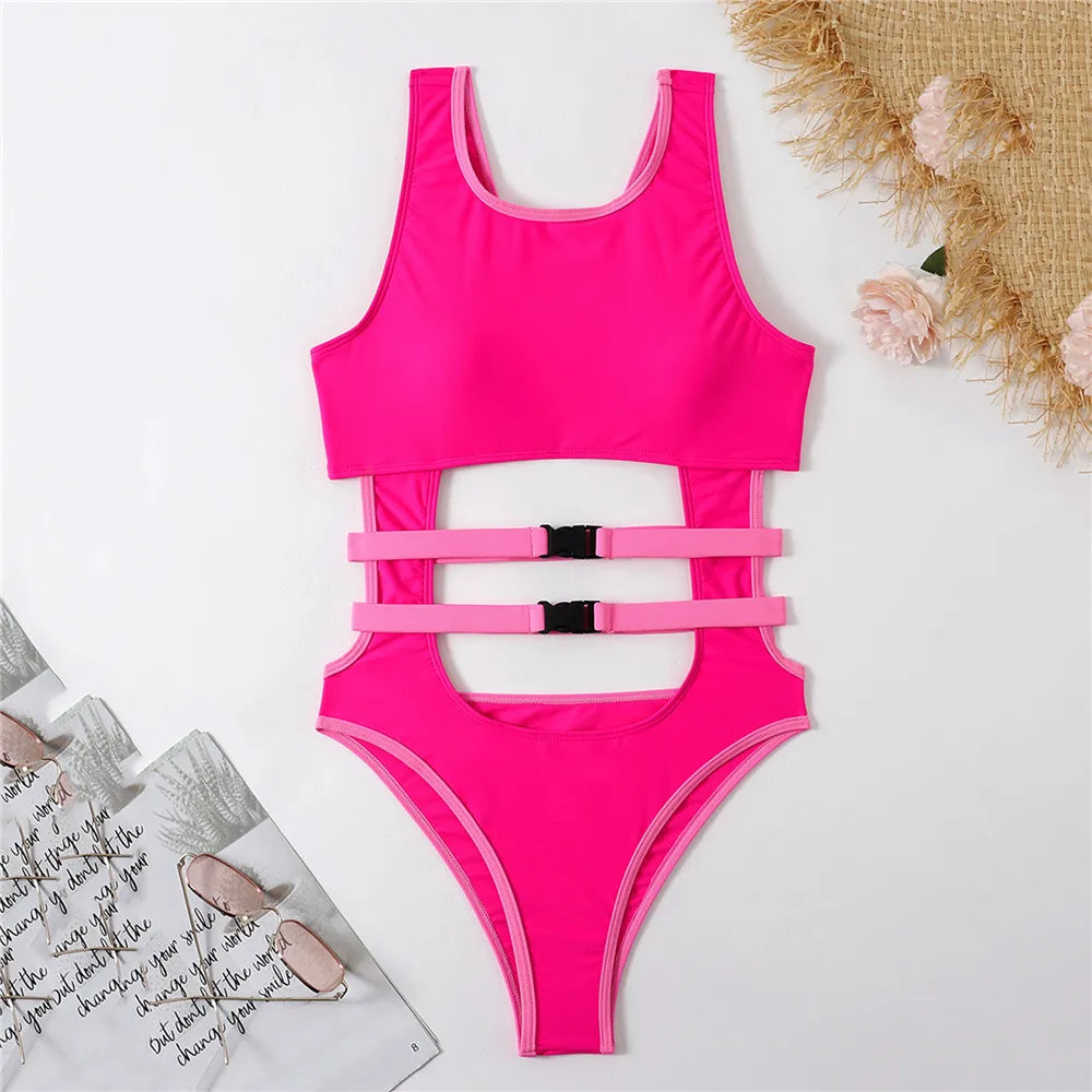Sexy Rose Red Cut Out Monokini Swimsuit One Piece Swimwear Woman 2024 Bandage Bathers High Cut Bathing Swimming Suit for Women