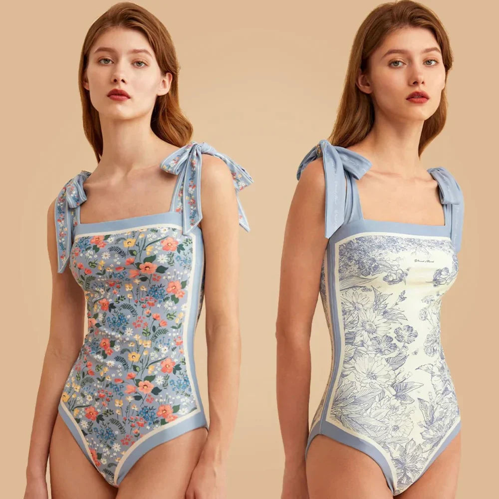 New Vintage Printed Double-sided Wear Swimming Bathing Suit Women Bandage Sexy One Piece Swimsuit Beachwear Swimwear Woman