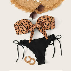 Beach Bikini  Woman Sexy Front Lace Up Tie Strapless Leopard Swimsuit Female Push Up Ruffled Bow Bathing Suit Thong Swimwear