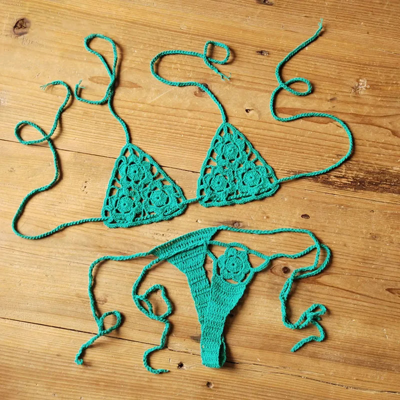 Women Sexy Handmade Bikini Sets Crochet Flower Solid Color Lace Thong String Swimwear Sunbathing Swimsuit Beach Wear Lace-up