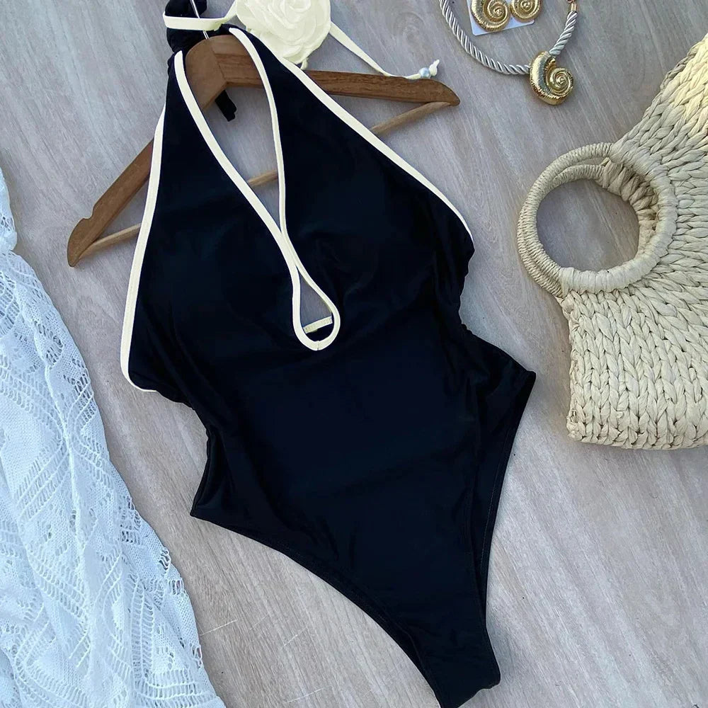 Floral One Piece Swimsuit 2024 New Halter Bandage Swimwear Women Swimsuit Bathing Suit Beachwear Monokini Female Swimming Suits