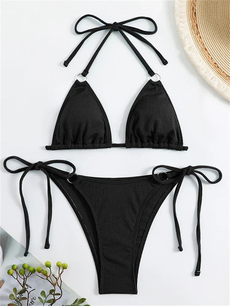Bikini Women Swimsuit 2024 New Solid Ribbed Halter Bikinis Set Sexy Lace Up Swimwear Summer Two Piece Beach Bathing Suit Female