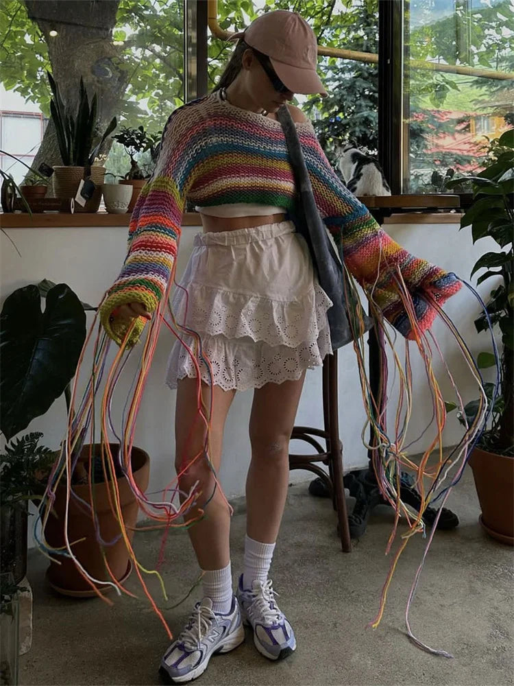 Knitted Tassels Cover Ups For Swimwear Women Sexy Loose Rainbow Shirt Girls Sweater Holiday Fashion Crop Pullover Femme