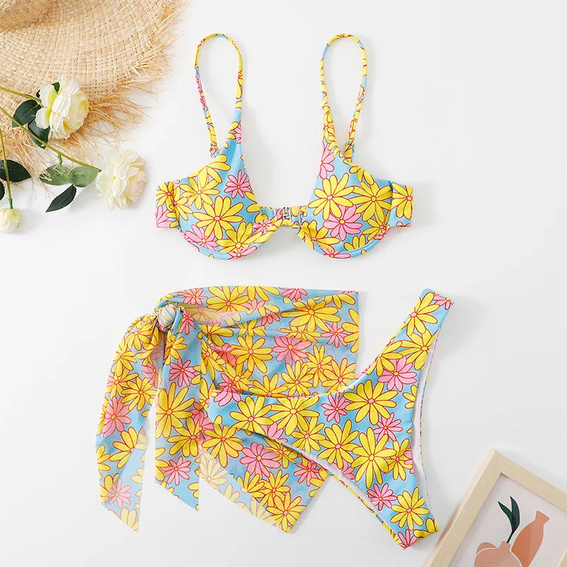 Tie Dye Bikini 2022 Skirts 3 Pieces Set Push Up Swimsuit Women Underwired Swimwear Female Sexy Bathing Suit Beach Wear