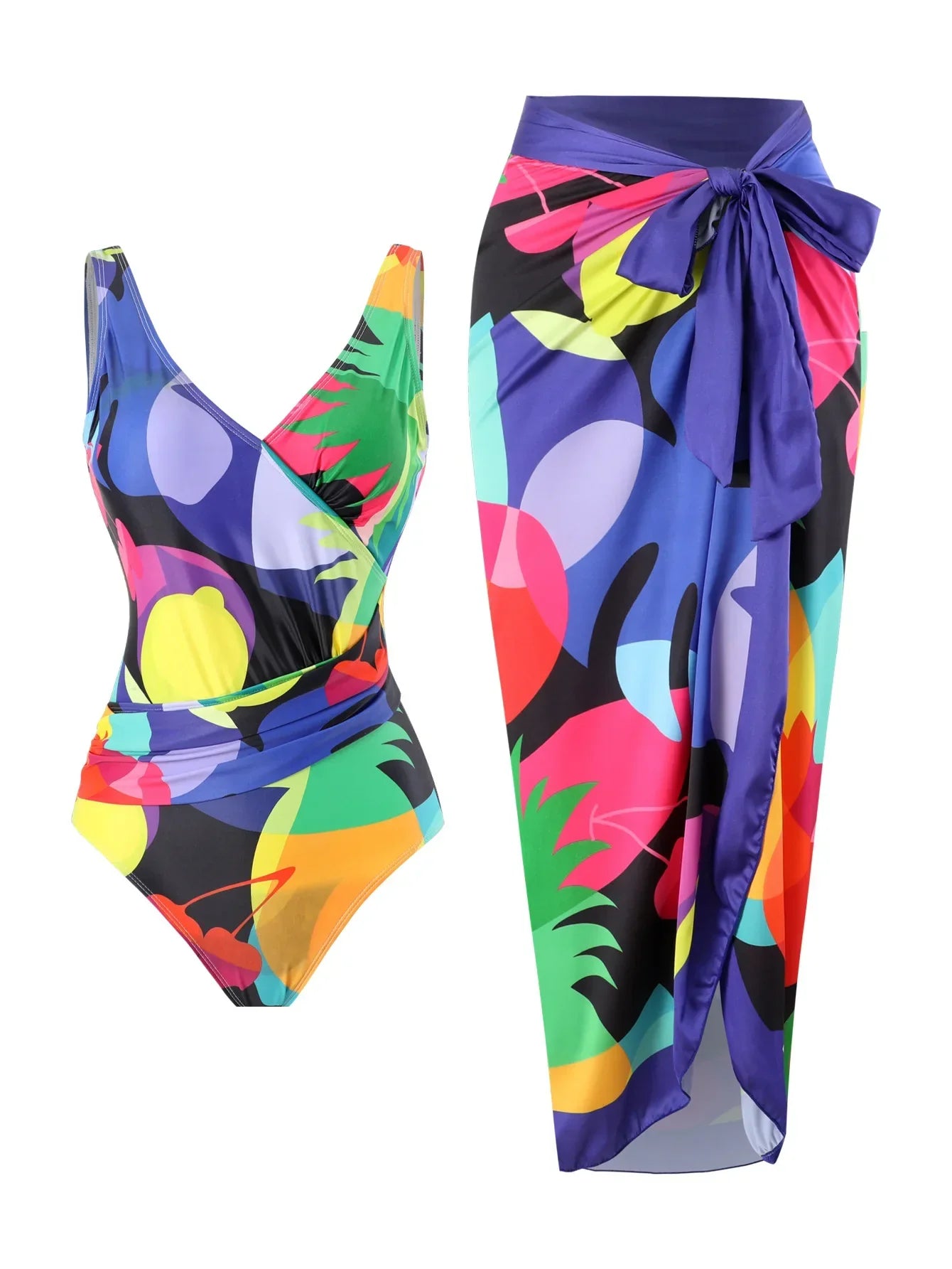 Elegant Blue Leaf Printed One Piece Swimsuit Woman 2024 Fashion High Waisted Hanging Neck Swimwear French Covered Belly Bikini