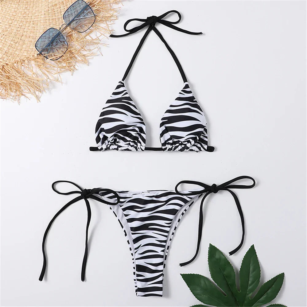 Halter Triangle Sexy Bikini Sets 2023 Women Patent Leather Glitter Swimsuit Summer Solid G-String Swimwear Side Lace Up Monokini