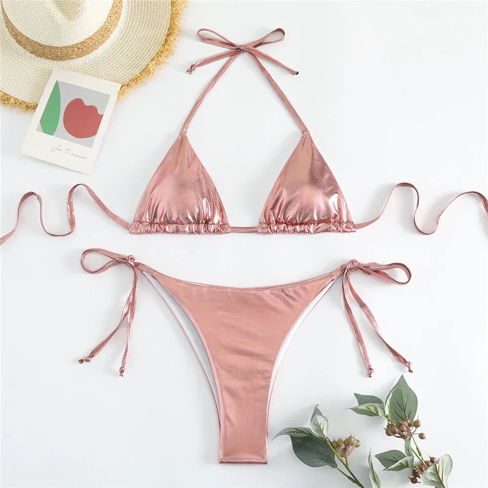 Halter Triangle Sexy Bikini Sets 2023 Women Patent Leather Glitter Swimsuit Summer Solid G-String Swimwear Side Lace Up Monokini