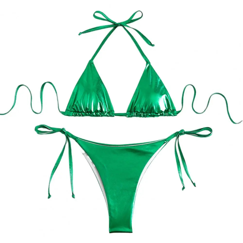 Bikini Women Swimsuit 2024 New Gold Halter Lace Up Bikinis Set Sexy Swimwear Beach Cover Up 2 Piece Beach Bathing Suit Female