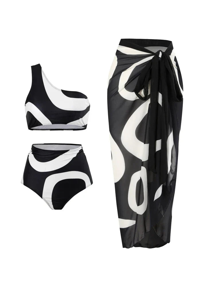 Sexy One Shoulder Printed Swimwear Women 2023 Vintage High Waisted One Piece Swimsuit with Cover Up for Beach Vacation, Swim