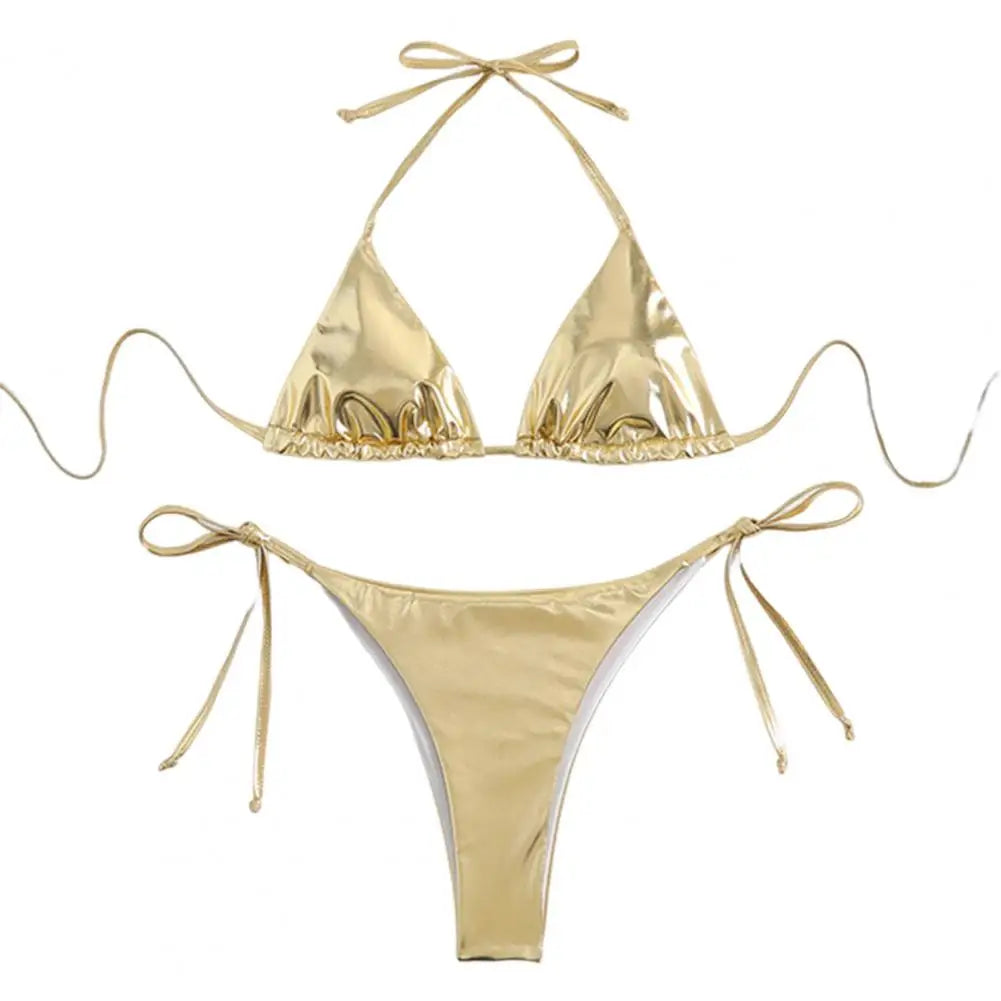 Bikini Women Swimsuit 2024 New Gold Halter Lace Up Bikinis Set Sexy Swimwear Beach Cover Up 2 Piece Beach Bathing Suit Female