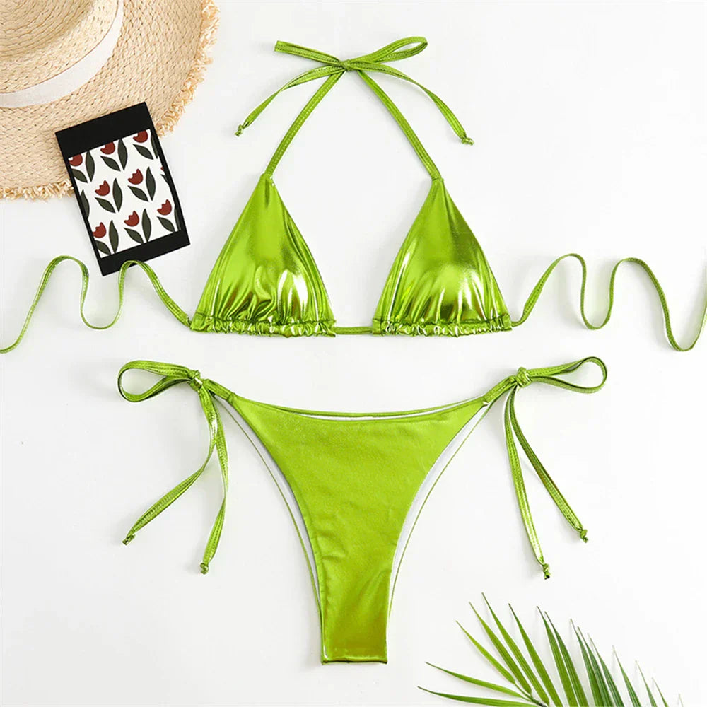 Halter Triangle Sexy Bikini Sets 2023 Women Patent Leather Glitter Swimsuit Summer Solid G-String Swimwear Side Lace Up Monokini