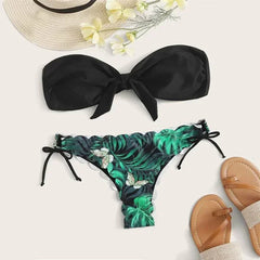 Beach Bikini  Woman Sexy Front Lace Up Tie Strapless Leopard Swimsuit Female Push Up Ruffled Bow Bathing Suit Thong Swimwear
