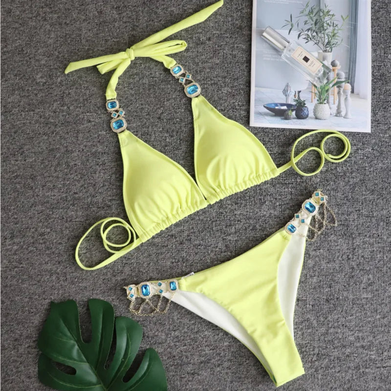 Black Sexy Bikinis Swimsuit With Rhinestones Women's Swimwear Female Push Up Bikini Beach Swim Wear Bathing Suits Pool Bather