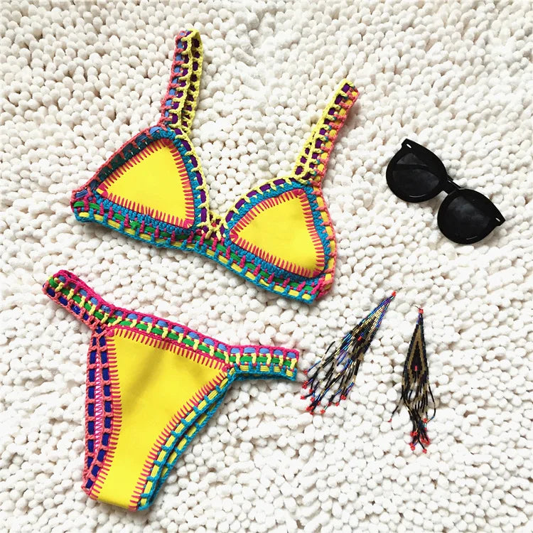Knitted Bikini 2024 2-piece Swimsuit for Women,summer Beach Vacation Bathing Suit,sexy Triangle Cup V-neck Suspender Swimwear