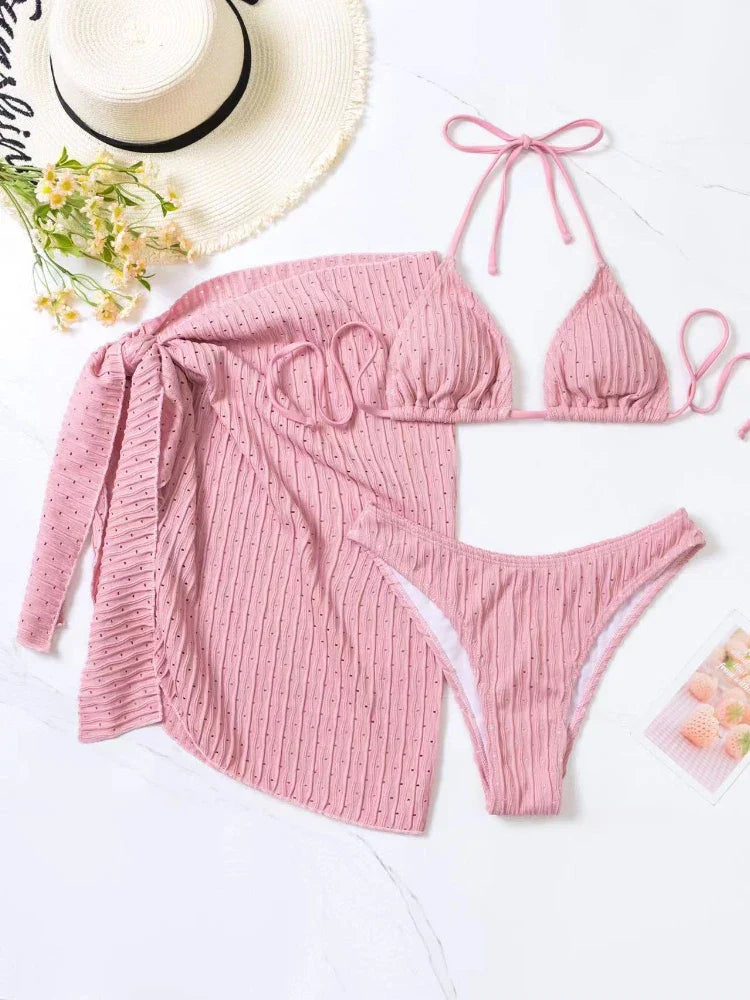 2023 New 3 Pieces Set Swimsuit Women Thong Swimwear Sexy Micro Bikini Set With Sarong Skirt White Beachwear Bathing Suit Pink