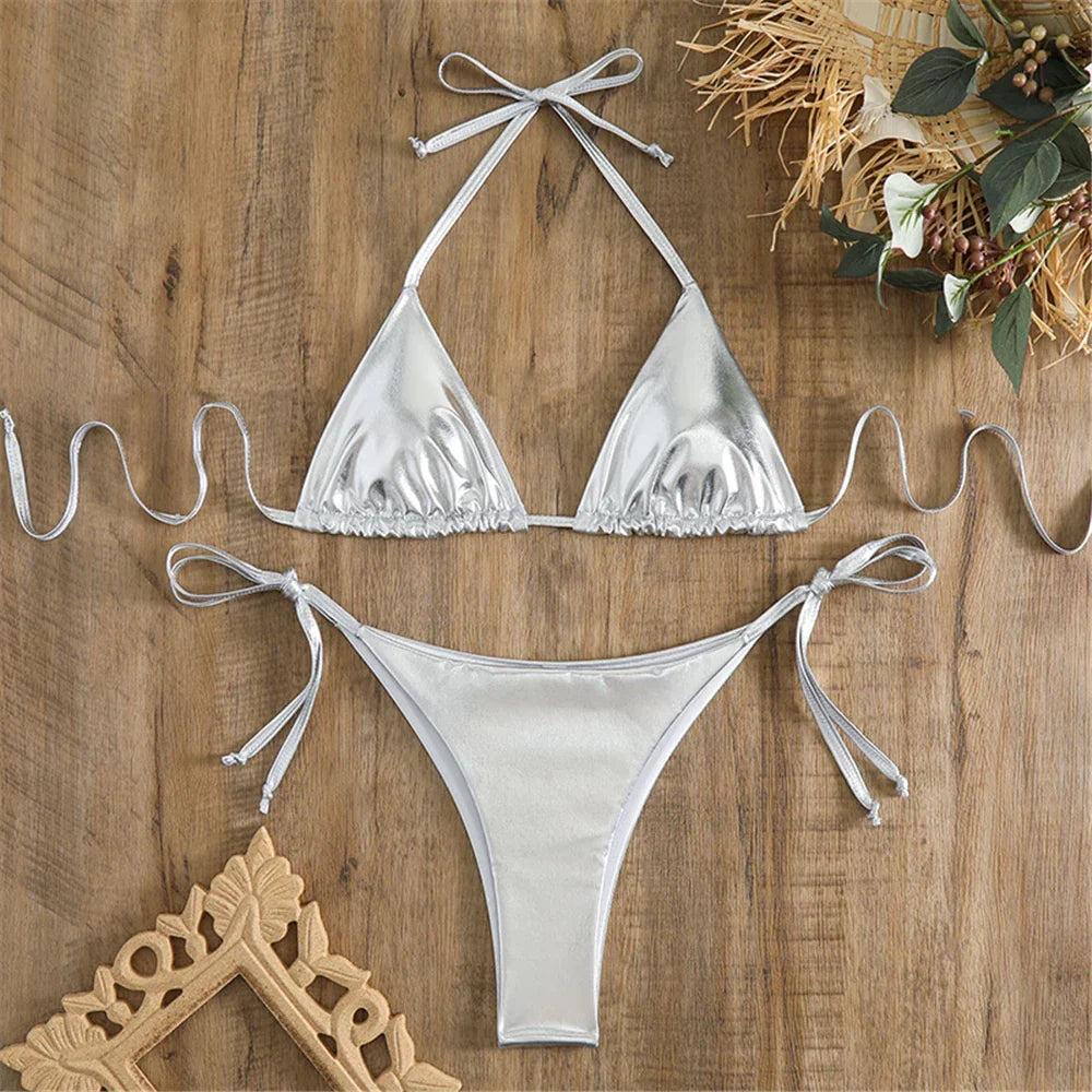 Halter Triangle Sexy Bikini Sets 2023 Women Patent Leather Glitter Swimsuit Summer Solid G-String Swimwear Side Lace Up Monokini