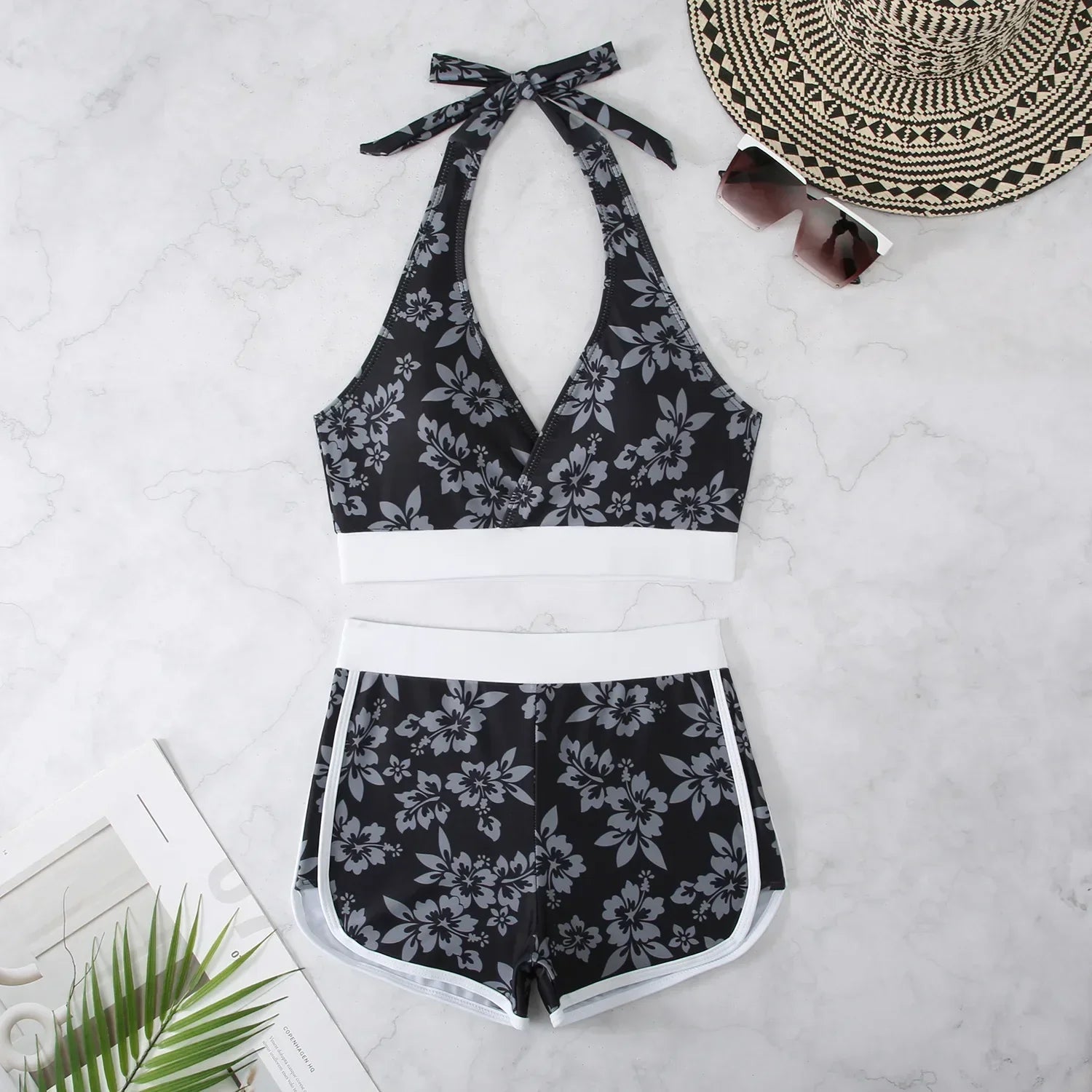 Flower Print 2 Piece Swimsuit Women,sexy High Waist V-neck Tankini Bikini,2024 Suspender Halter Swimwear,summer Beach Vacation