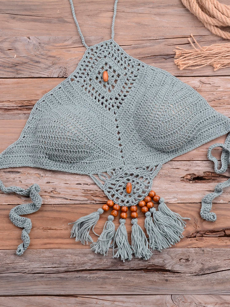 Bikini 2022 knitting Swimsuit Crochet Bikini Bohemia Style Off Shoulder High Neck Bathing Beach Bikinis Handmade Crochet Bikini